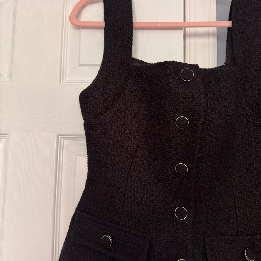 Meshki Desire Boucle Black Tweed Square Neck Mini Dress with Button Front - Picture 3 of 4